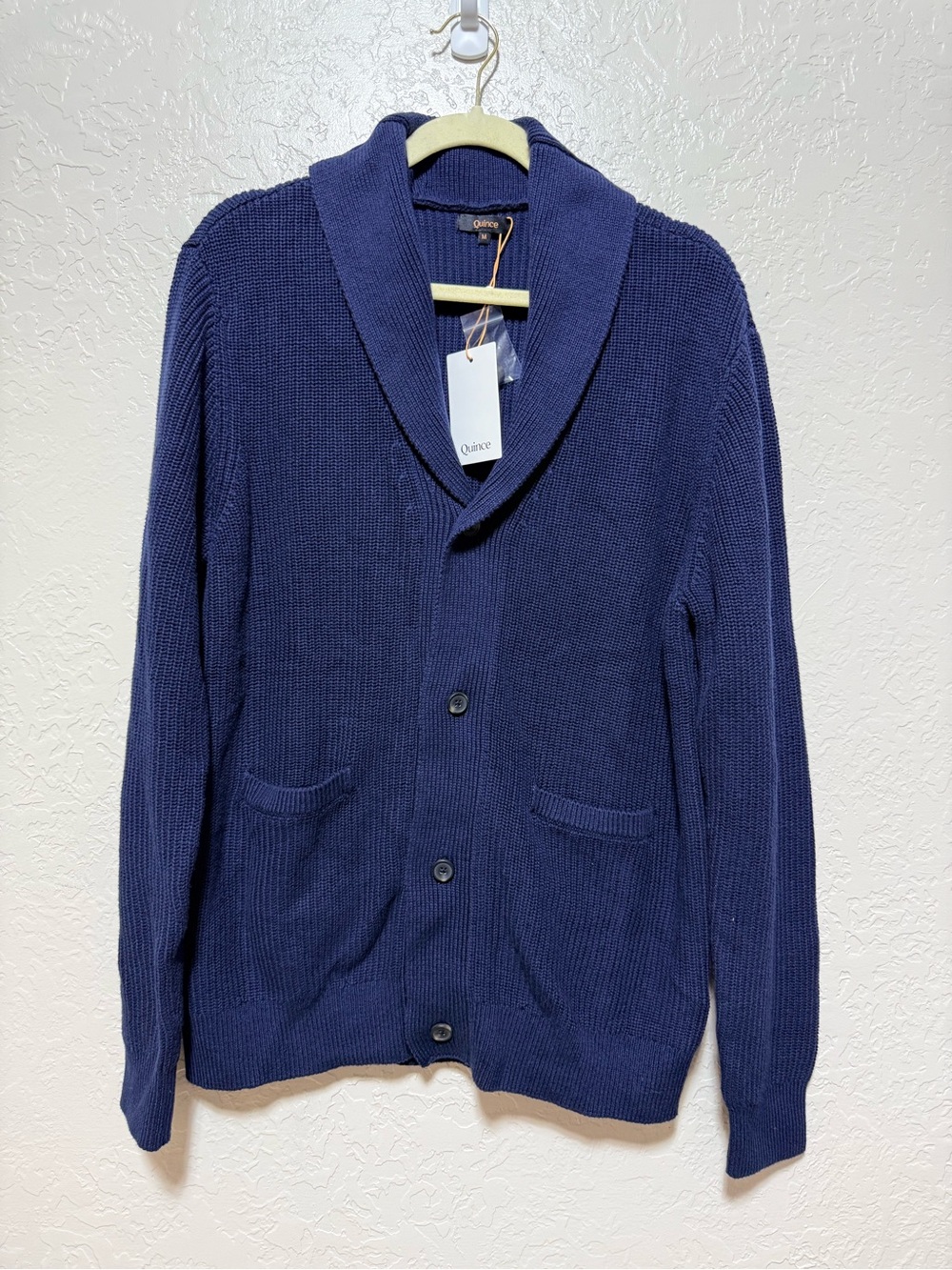 Quince Men's 100% Organic Cotton Ribbed Stitch Navy Blue Shawl-Collar Cardigan M